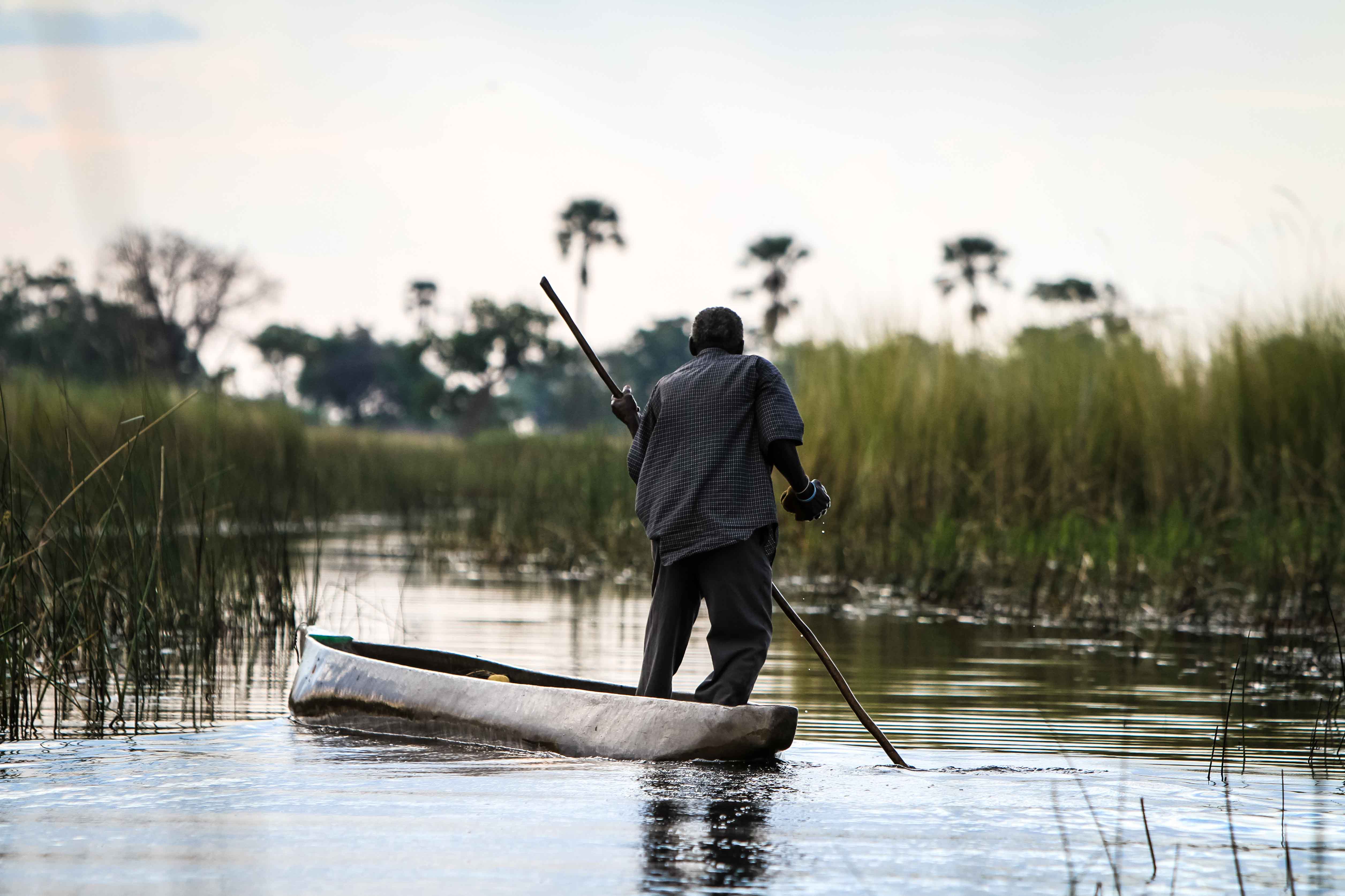 Pêcheur Bushmen sur le delta de l'Okavango.